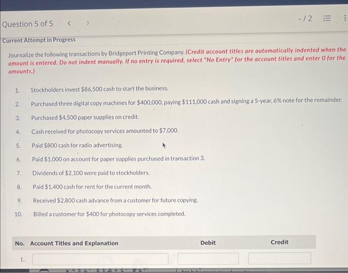 Question 5 of 5 < Current Attempt in Progress -/2 E Journalize