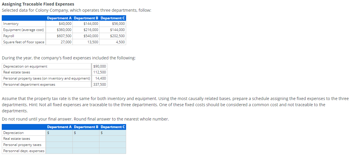 Assigning Traceable Fixed Expenses Selected data for Colony Company, which operates three