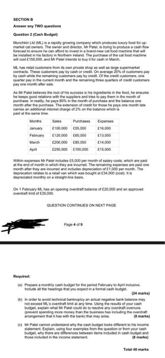 SECTION B Answer any TWO questions Question 2 (Cash Budget) Munchkin Ltd