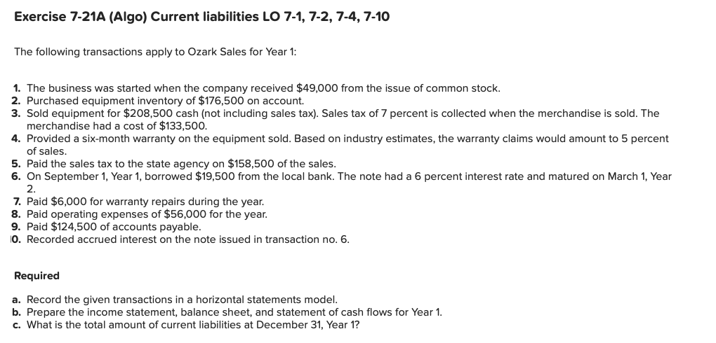 Exercise 7-21A (Algo) Current liabilities LO 7-1, 7-2, 7-4, 7-10 The following