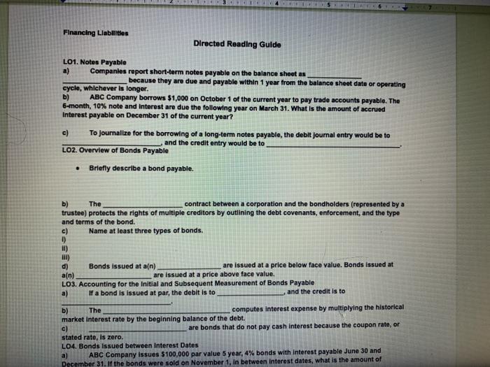 Financing Liabilities Directed Reading Gulde LO1. Notes Payable a) Companies report short-term