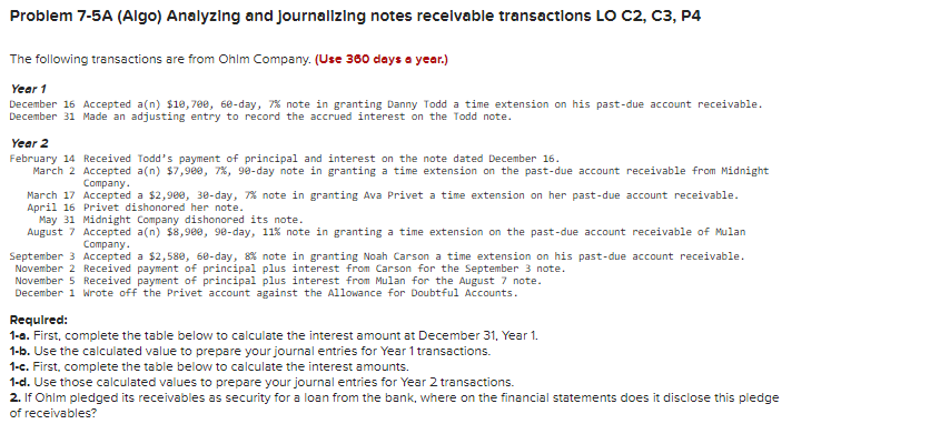 Problem 7-5A (Algo) Analyzing and journalizing notes receivable transactions LO C2, C3,
