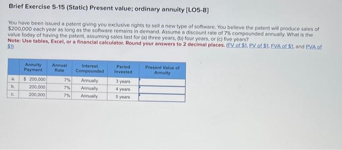 Brief Exercise 5-15 (Static) Present value; ordinary annuity [LO5-8] You have been
