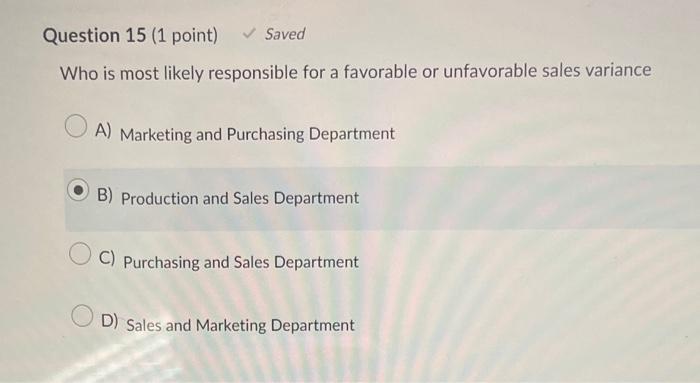 Question 15 (1 point) Saved Who is most likely responsible for a