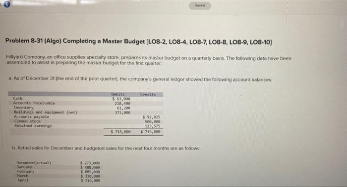 Saved Problem 8-31 (Algo) Completing a Master Budget (LO8-2, LO8-4, LO8-7, LO8-8,