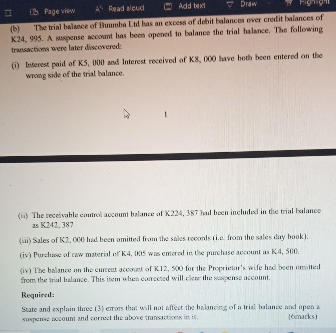 Page view Read aloud Add text Draw Highlight (b) The trial balance