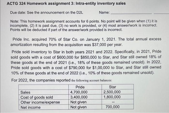 ACTG 324 Homework assignment 3: Intra-entity inventory sales Due date: See the