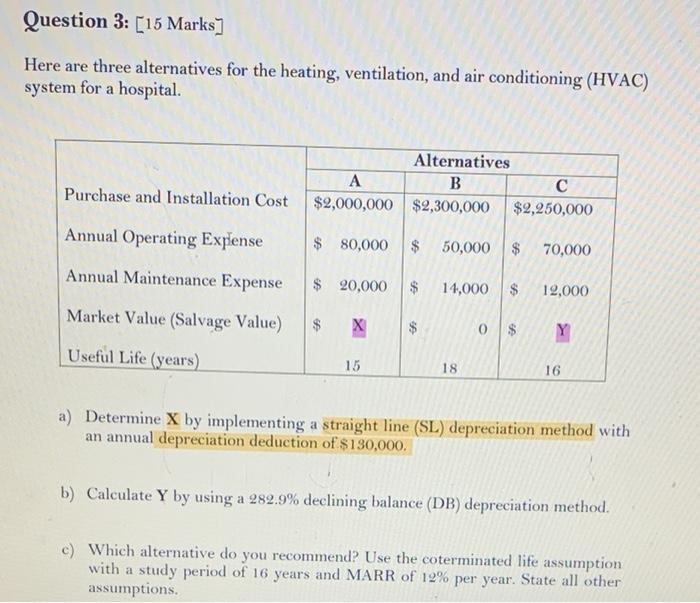 Question 3: [15 Marks] Here are three alternatives for the heating, ventilation,