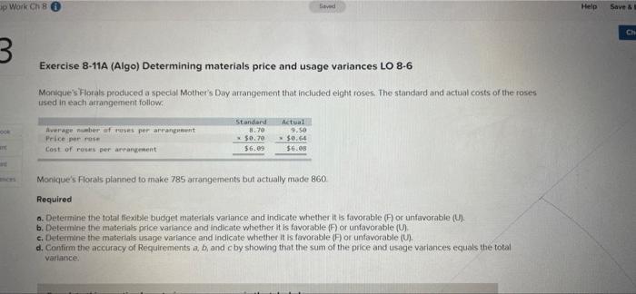 p Work Ch 80 3. Saved Exercise 8-11A (Algo) Determining materials price