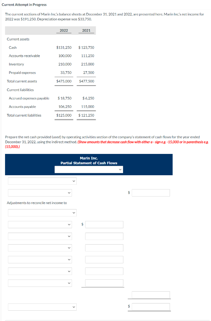 Current Attempt in Progress The current sections of Marin Inc's balance sheets