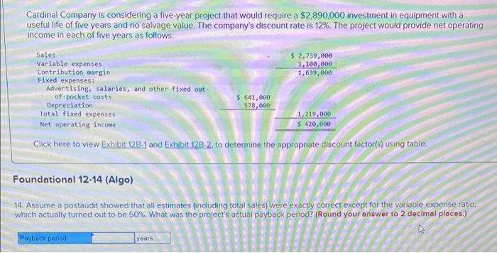 Cardinal Company is considering a five-year project that would require a $2,890,000