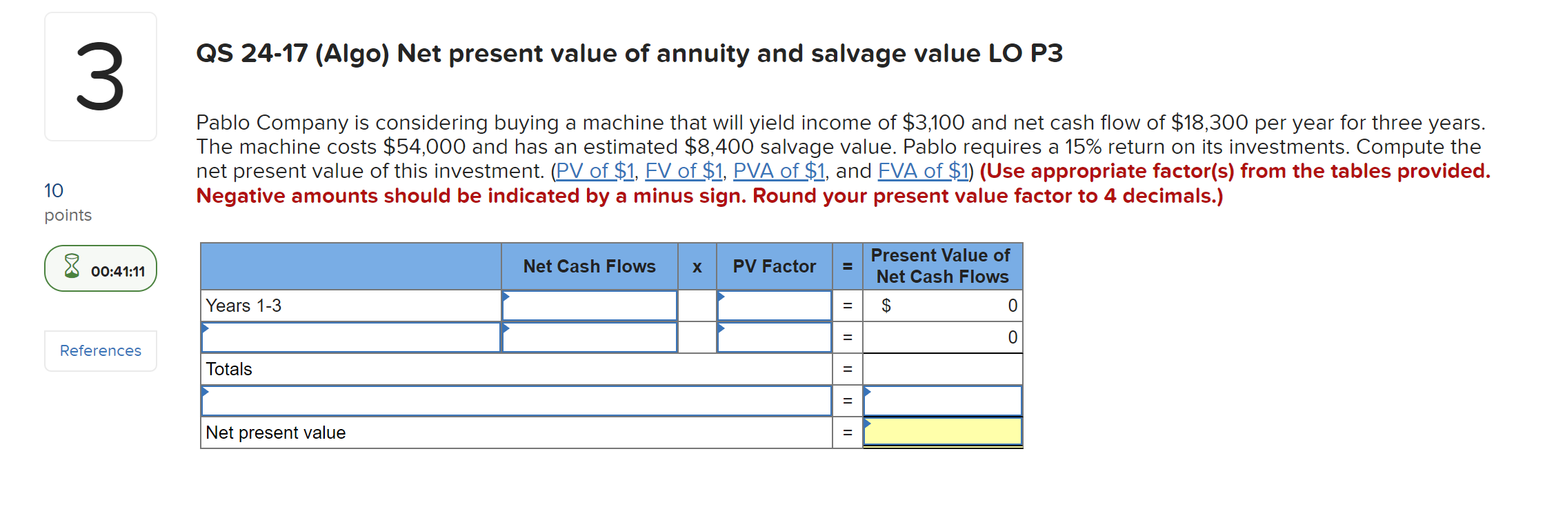 10 3 points QS 24-17 (Algo) Net present value of annuity and