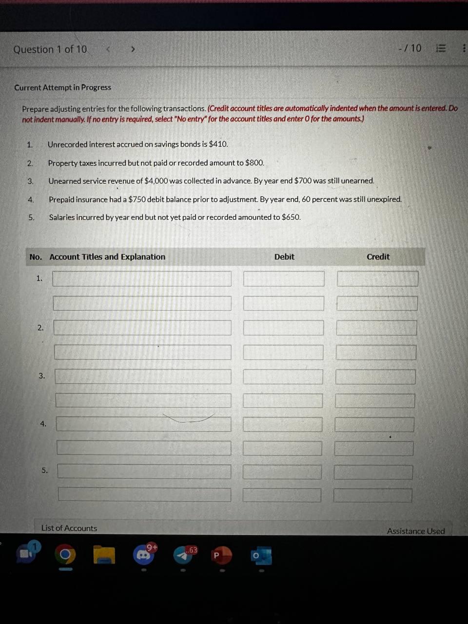 Question 1 of 10. -/10 E: Current Attempt in Progress Prepare adjusting