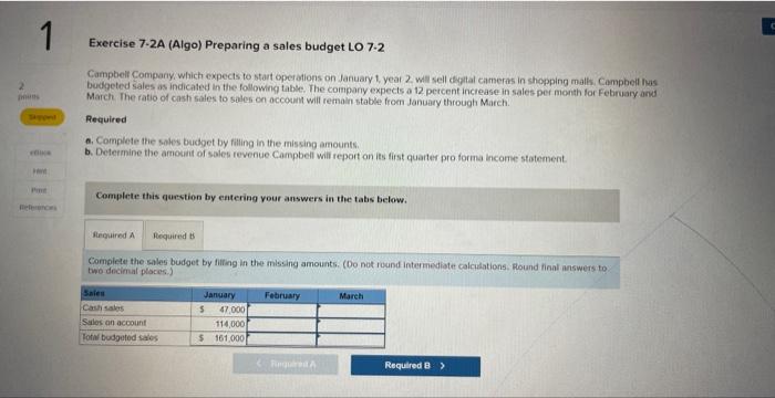 2 1 Exercise 7-2A (Algo) Preparing a sales budget LO 7-2 seppet