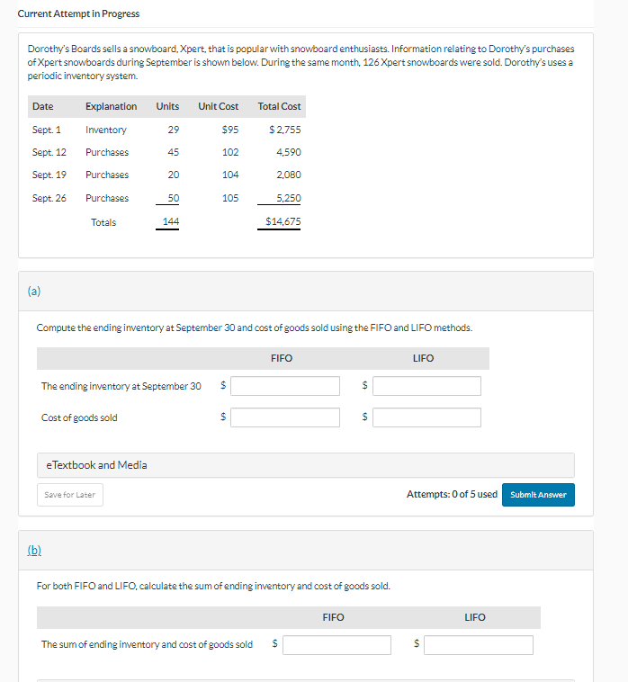 Current Attempt in Progress Dorothy's Boards sells a snowboard, Xpert, that is