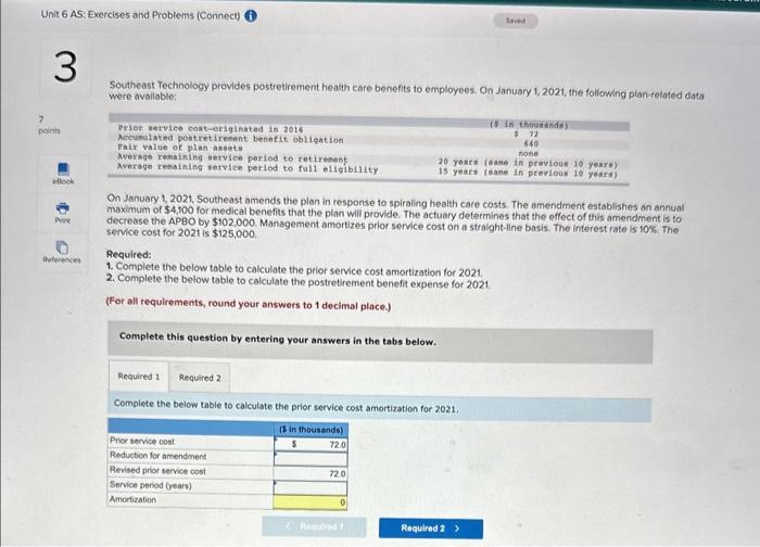 Unit 6 AS: Exercises and Problems (Connect) 3 Seved 7 points eBook