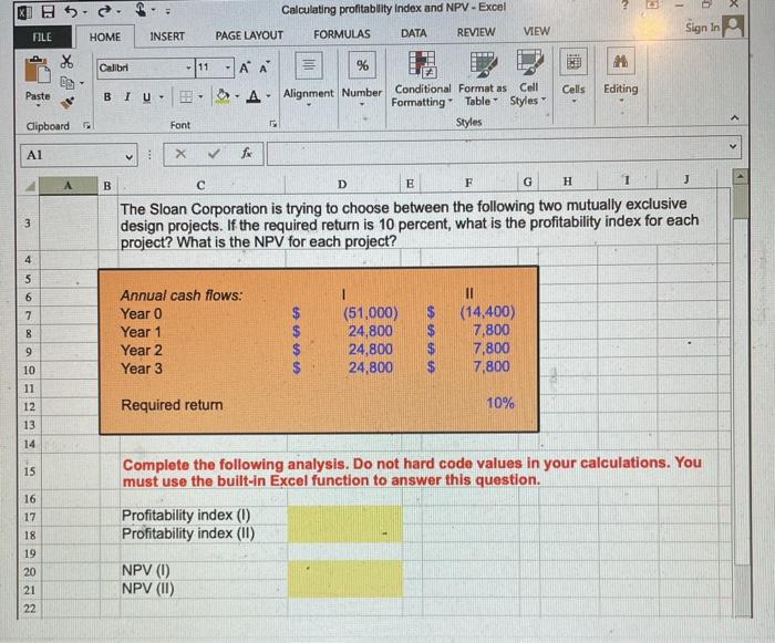 Calculating profitability index and NPV - Excel 2 FILE HOME INSERT PAGE