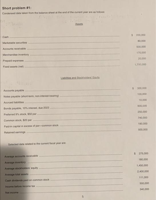 Short problem #1: Condensed data taken from the balance sheet at the