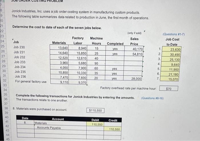PROBLEM 8 9 20 21 Jonick Industries, Inc. uses a job order