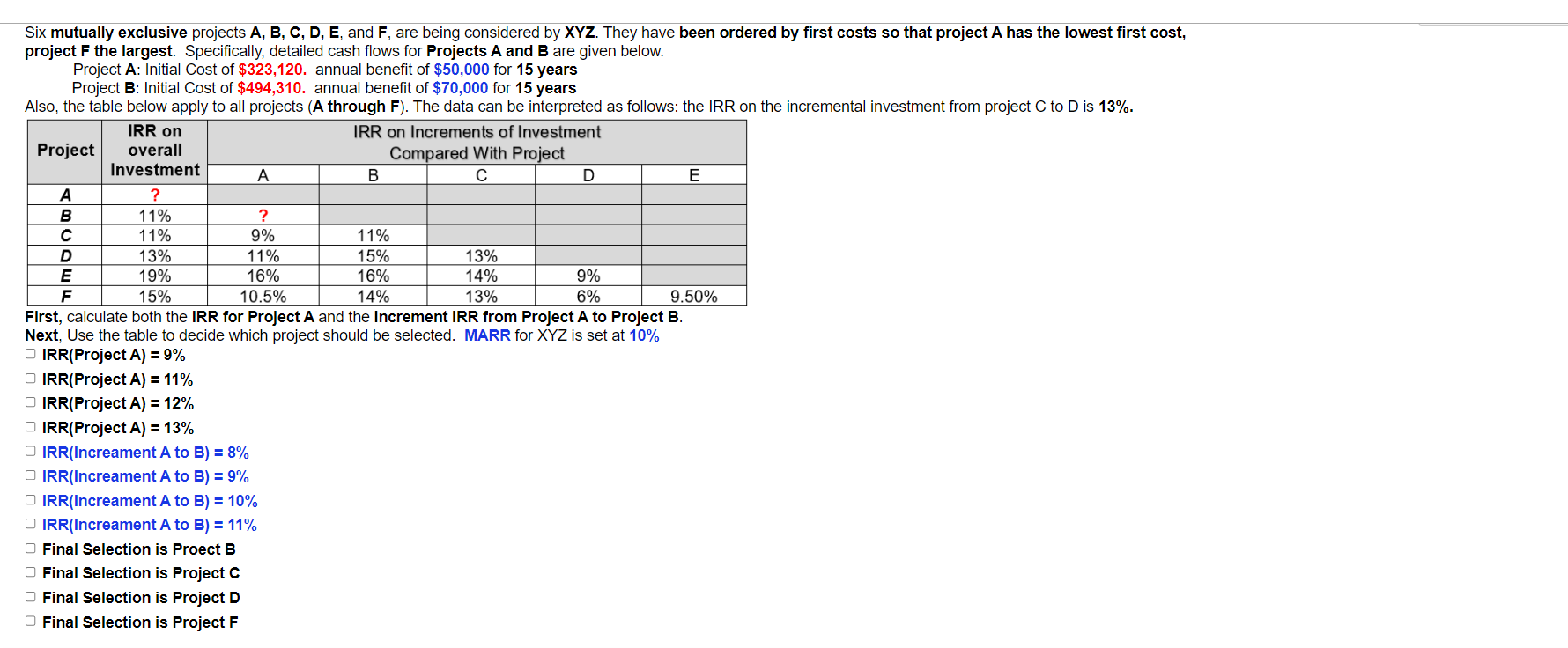 Six mutually exclusive projects A, B, C, D, E, and F, are