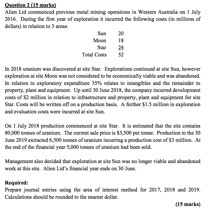 Question 2 (15 marks) Alien Ltd commenced previous metal mining operations in