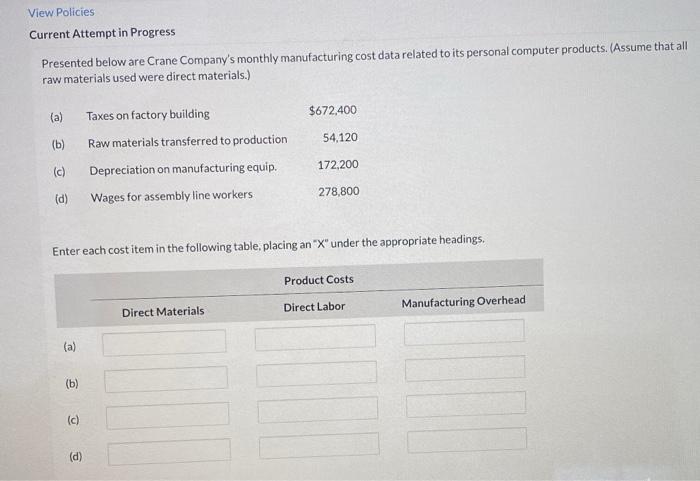 View Policies Current Attempt in Progress Presented below are Crane Company's monthly