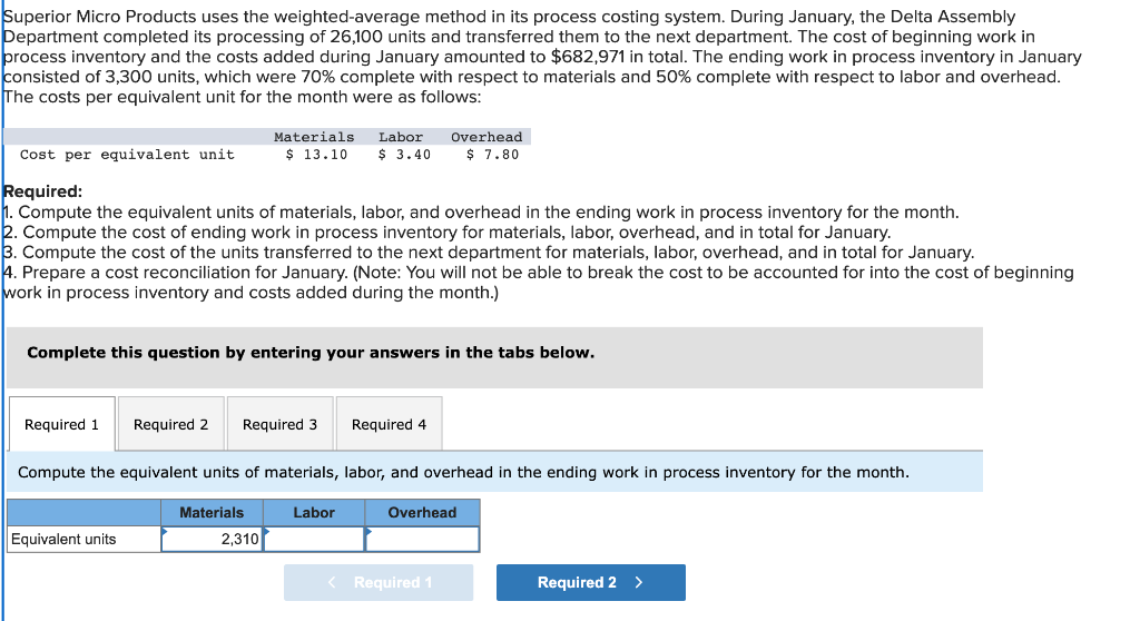 Superior Micro Products uses the weighted-average method in its process costing system.