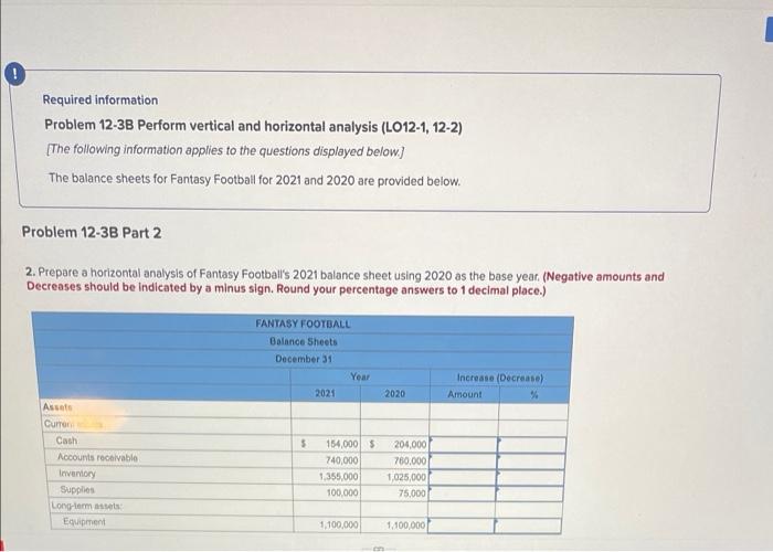 0 Required information Problem 12-3B Perform vertical and horizontal analysis (LO12-1, 12-2)