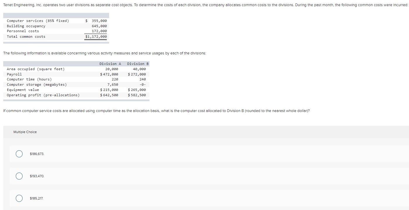 Tenet Engineering, Inc. operates two user divisions as separate cost objects. To