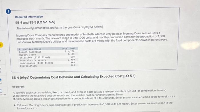 rences Required information E5-4 and E5-5 (LO 5-1, 5-5] [The following information