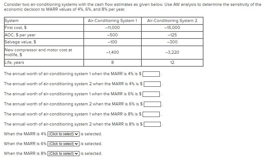Consider two air-conditioning systems with the cash flow estimates as given below.