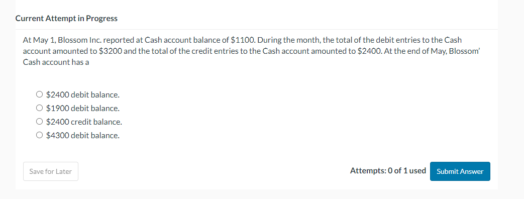 Current Attempt in Progress At May 1, Blossom Inc. reported at Cash