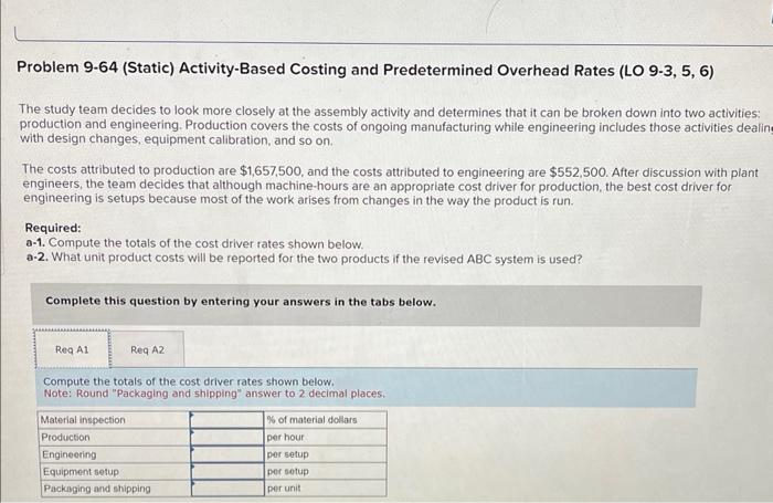 Problem 9-64 (Static) Activity-Based Costing and Predetermined Overhead Rates (LO 9-3, 5,