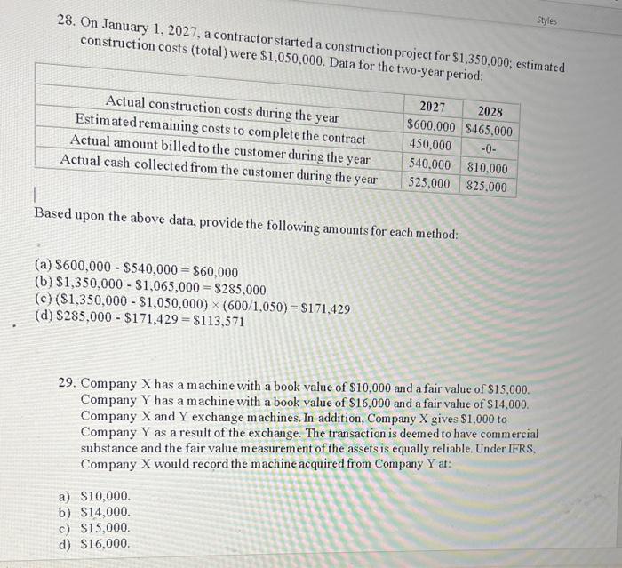 Styles 28. On January 1, 2027, a contractor started a construction project
