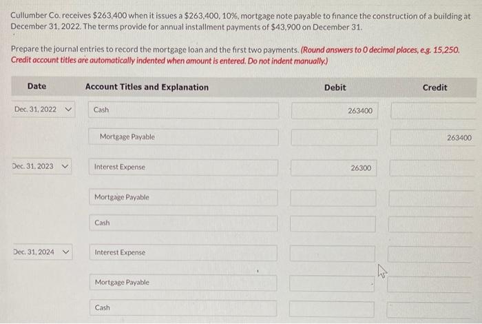 Cullumber Co. receives $263,400 when it issues a $263,400, 10%, mortgage note