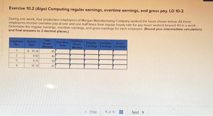 Exercise 10.2 (Algo) Computing regular earnings, overtime earnings, and gross pay. LO