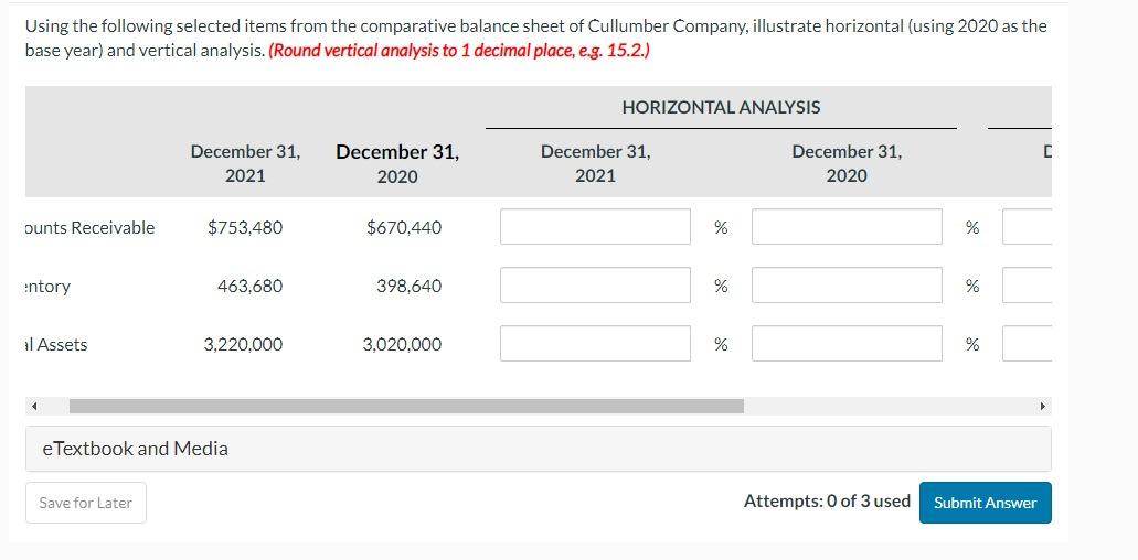 Using the following selected items from the comparative balance sheet of Cullumber