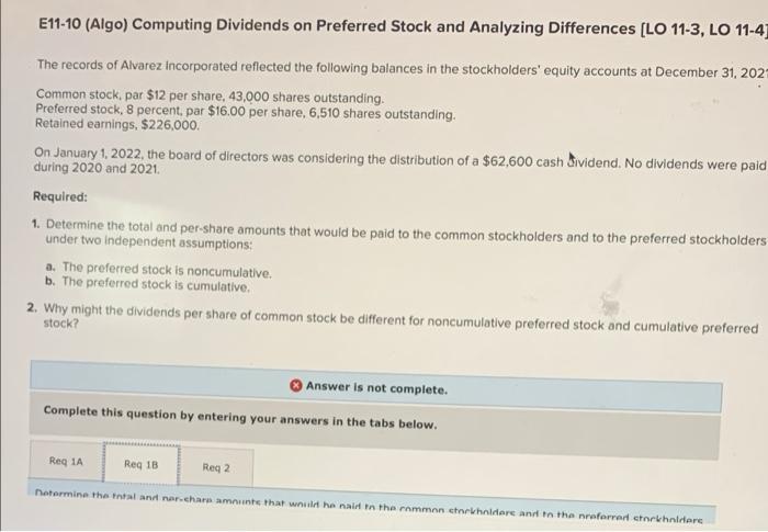 E11-10 (Algo) Computing Dividends on Preferred Stock and Analyzing Differences [LO 11-3,