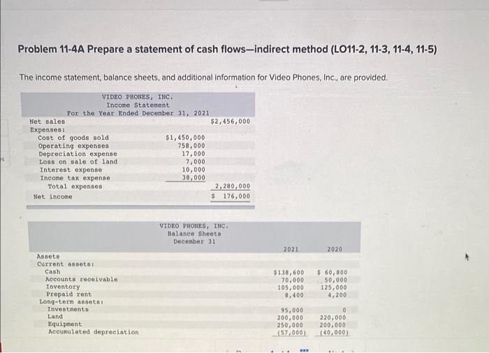 Problem 11-4A Prepare a statement of cash flows-indirect method (LO11-2, 11-3, 11-4,