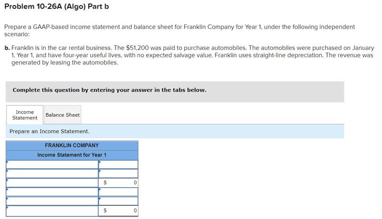 Problem 10-26A (Algo) Part b Prepare a GAAP-based income statement and balance