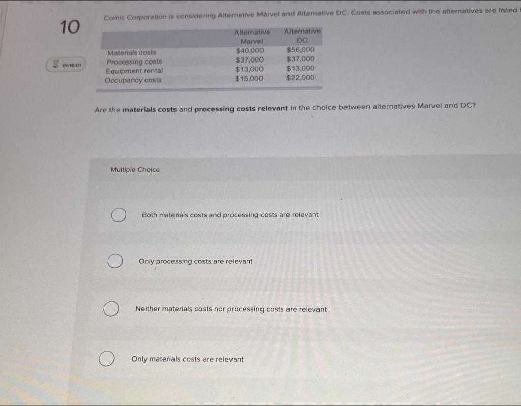 10 Comic Corporation is considering Alternative Marvel and Alternative DC. Costs associated