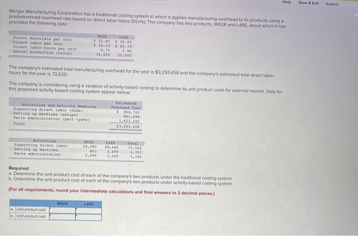 Help Save & Exit Submit Werger Manufacturing Corporation has a traditional costing