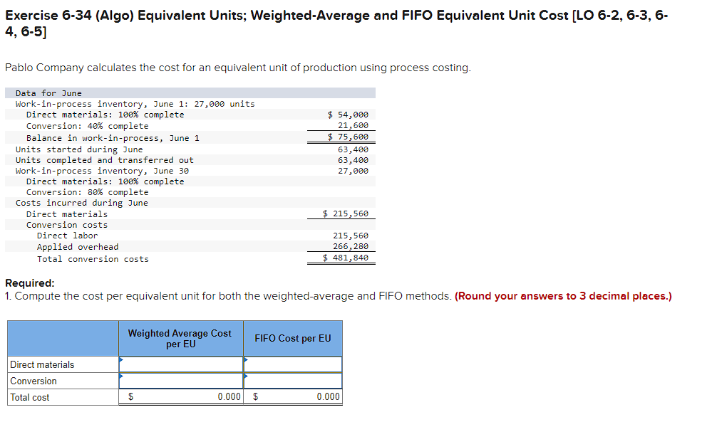 Exercise 6-34 (Algo) Equivalent Units; Weighted-Average and FIFO Equivalent Unit Cost [LO