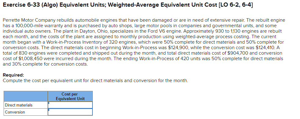 Exercise 6-33 (Algo) Equivalent Units; Weighted-Average Equivalent Unit Cost [LO 6-2, 6-4]