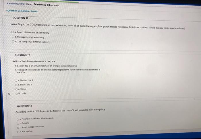 Remaining Time: 1 hour, 04 minutes, 58 seconds. Question Completion Status: QUESTION