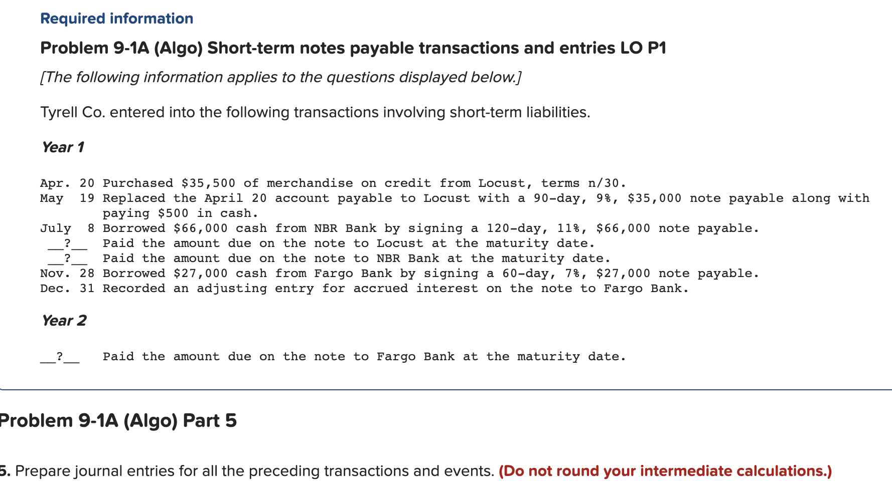 Required information Problem 9-1A (Algo) Short-term notes payable transactions and entries LO