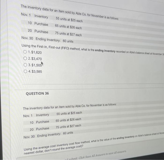 The inventory data for an item sold by Able Co. for November