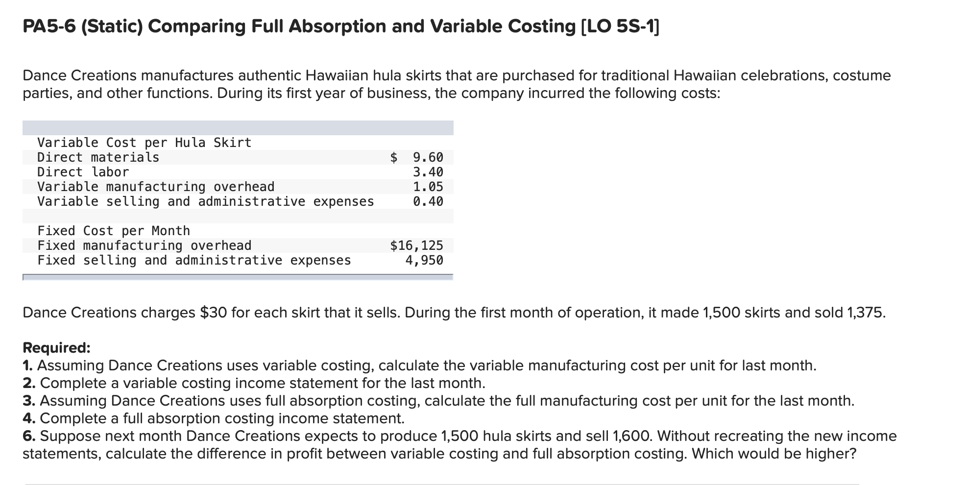 PA5-6 (Static) Comparing Full Absorption and Variable Costing [LO 5S-1] Dance Creations