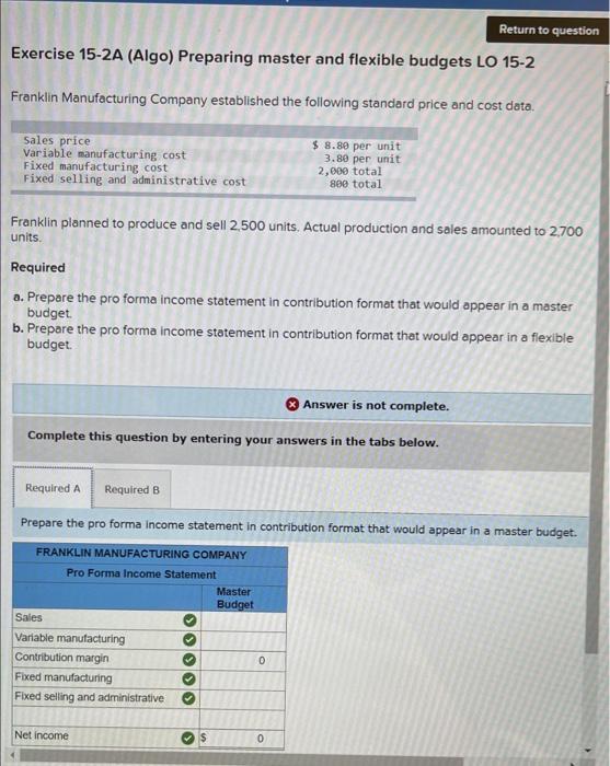 Return to question Exercise 15-2A (Algo) Preparing master and flexible budgets LO