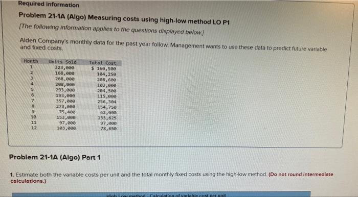 Required information Problem 21-1A (Algo) Measuring costs using high-low method LO P1